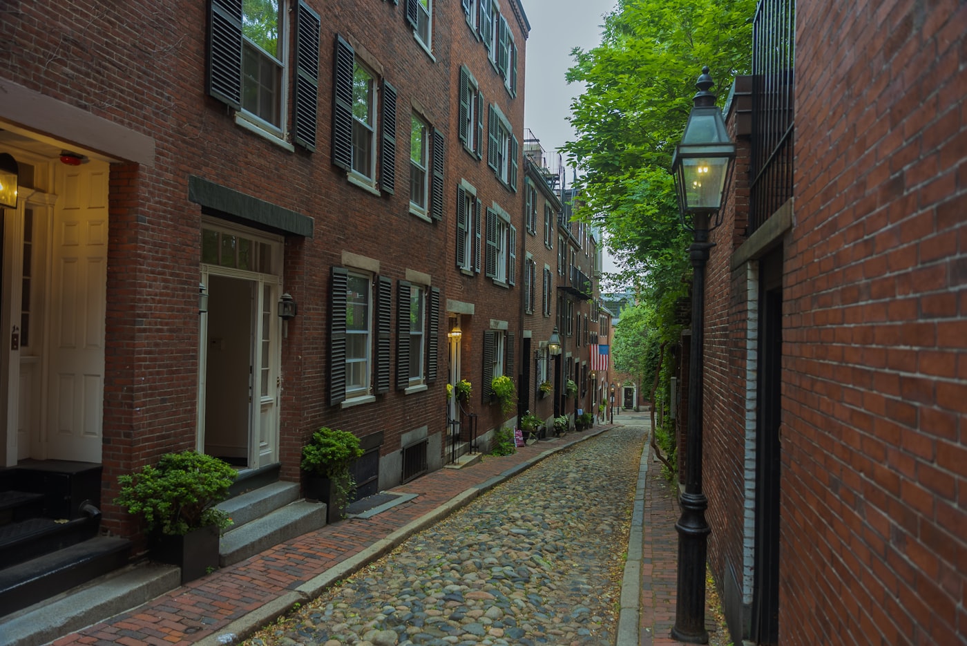 A classic brick-row Boston street on Beacon Hill